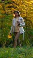 Autumn walk in the beautiful colorful park on warm weather. Gorgeous brunette lady stepping by the grass smiling with a cup in one hand and maple leaf in another. video