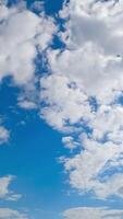 Quick transformation of white soft clouds in the atmosphere. Cumulus cloudscape moving with the wind from low angle perspective. Timelapse. Vertical video