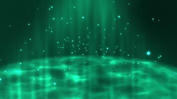 Emerald green abstract background with falling particles and light rays. video