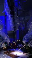Futuristic robot covered with plastic in dark modern surgery room. Technologically precise equipment writing on paper with a writing pen. Garlands at the table. Vertical video