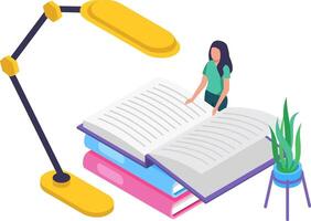 Young woman standing and reading a large open book placed on other books, under the light of a desk lamp, with a houseplant next to it, studying and learning, isometric illustration vector