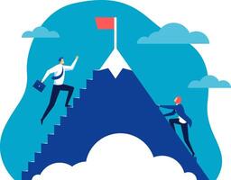 Business professionals ascend a mountain staircase toward a red flag, symbolizing career success and goal achievement. The image conveys teamwork, ambition, and perseverance in a corporate setting vector