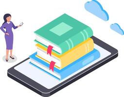 Businesswoman is holding a smartphone while a stack of books rests on a tablet, symbolizing online education and digital library, with clouds representing cloud computing vector
