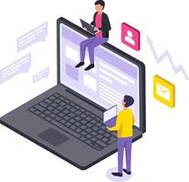 Website administration and software development featuring programmers collaborating on laptops to manage content, illustrated in an isometric style vector