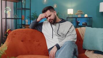 Man guy at home suffers from unfair situation problem, break up, depressed, feeling bad, burnout video