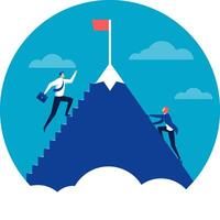 Two businessmen are taking different paths to reach the top of a mountain with a red flag, symbolizing success and different career paths in business vector