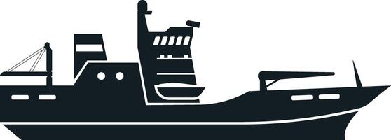 Simple black and white silhouette depicting a military patrol boat navigating the ocean, equipped with a crane, radar, and various essential maritime tools vector