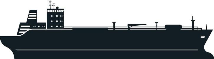 Black silhouette of a large cargo ship sailing on the ocean, featuring prominent cranes, antennas, and a command tower, conveying a sense of scale and maritime transport vector