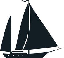 Black and white illustration featuring a sailboat gliding through the water, its black sails fully deployed and a small pennant fluttering atop the mast vector