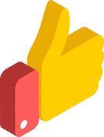 Yellow hand with red sleeve giving thumbs up in isometric view expressing positive feedback, agreement, approval, or liking, representing satisfaction and positive reaction vector