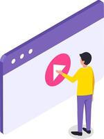 Isometric illustration depicting a man interacting with a play button on a website or app page, representing online streaming and user experience design vector