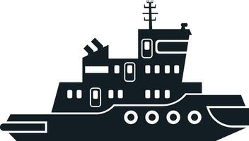 Black and white silhouette of a tugboat with detailed features, including windows and chimneys, set against a plain background. Ideal for maritime and nautical themed designs vector