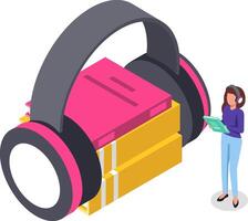 Isometric illustration representing online education with a student listening to an audiobook with headphones and holding a book while learning new concepts vector
