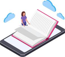 Online education concept showing a woman browsing an ebook displayed on a smartphone with cloud computing in the background, isometric view vector
