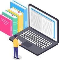 Student is reading a book while learning using a giant laptop with an open digital book and colorful books next to it, representing online education and e learning vector