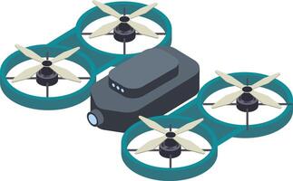 Isometric illustration of a sleek, modern drone featuring four propellers and a camera. Ideal for high tech applications such as aerial photography and surveillance vector