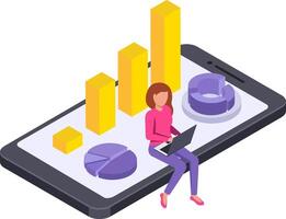 Businesswoman sitting on smartphone using laptop analyzing financial charts and graphs, isometric illustration of business analytics and mobile office concept vector