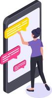Woman interacting with oversized smartphone screen, engaging with colorful chat bubbles. Represents modern digital communication, technology use, and social media interaction vector