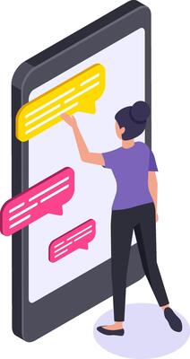 Woman interacting with oversized smartphone screen, engaging with colorful chat bubbles. Represents modern digital communication, technology use, and social media interaction