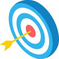 Isometric illustration representing achieving business objective, hitting the center of target with yellow arrow, perfect performance and business success vector