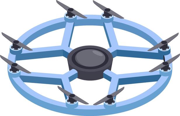 Futuristic circular drone featuring six propellers, hovering effortlessly and illustrating cutting edge aerial technology and innovation in unmanned flight systems and operations