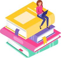 Online education concept featuring a student working on her laptop while sitting atop a stack of colorful books, showcasing a modern approach to learning and knowledge acquisition vector