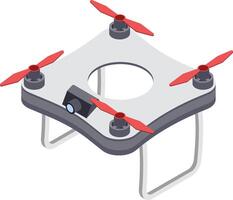 Illustration of a square shaped drone featuring red propellers and a central camera. The drone has a unique design with a circular cutout and sturdy landing gear vector