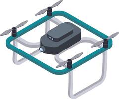 Modern drone with four propellers and camera flying, showing its technology and design in an isometric view, ideal for aerial photography and videography vector