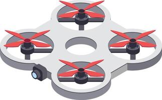 Modern quadcopter drone with red propellers hovering against a white background, featuring advanced camera technology for aerial photography and various applications vector