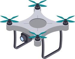 Modern white drone hovering in the air, featuring a camera and striking turquoise propellers, exemplifying advanced technology and impressive aerial capabilities for various applications vector