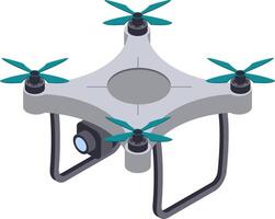 Quadcopter drone with camera hovering, showing propellers and landing gear, in isometric view, ideal for technology and innovation concepts vector