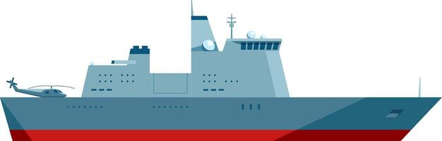 Illustration of a modern naval warship with a helicopter on its deck. The vessel features advanced radar systems and a sleek design, highlighting its military capabilities vector