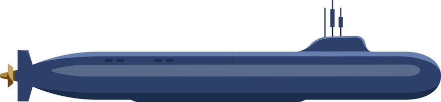 Modern dark blue submarine sailing underwater with periscope raised, side view of a military ship with propeller and communications antennas vector