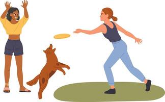 Two young women and a brown dog are having fun in the park playing with a frisbee. The dog is jumping to catch the frisbee and one of the women is throwing it while the other one is raising her hands vector