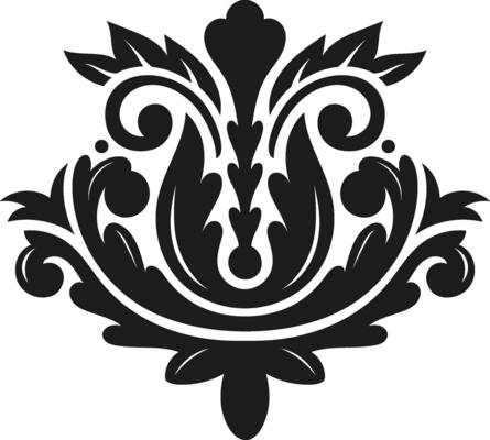 Symmetrical black and white damask pattern featuring acanthus leaves, floral motifs, and ornate scrolls, offering a luxurious and classic design for various decor