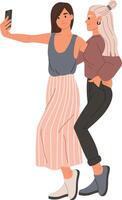 Two cheerful female friends are taking a selfie together, embracing and smiling, capturing a moment of friendship and joy with a smartphone vector