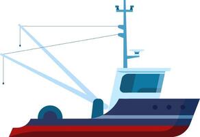 Illustration of a modern fishing vessel featuring a sleek design with a red and blue hull. The boat is equipped with fishing gear and a streamlined cabin, emphasizing maritime technology vector