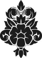Classic symmetrical black damask floral pattern featuring decorative swirls, leaves, and dots, isolated on a white background, evoking a sense of luxury, elegance, and sophistication vector