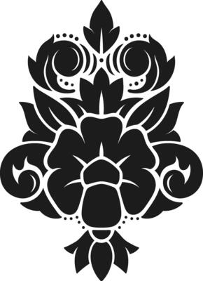 Classic symmetrical black damask floral pattern featuring decorative swirls, leaves, and dots, isolated on a white background, evoking a sense of luxury, elegance, and sophistication