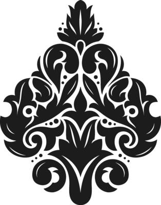 Symmetrical damask pattern in black and white, showcasing intricate floral motifs and elegant curves, creating a sophisticated and timeless design suitable for various decorative purposes