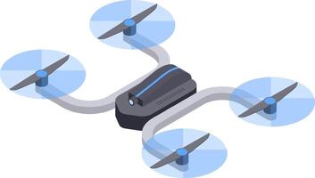 Modern drone featuring four spinning propellers, soaring through the sky, equipped with a camera for capturing stunning aerial photography and videography, presented in an isometric view vector