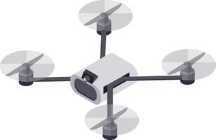 White drone hovering and recording with camera, isometric view, propellers turning, isolated on white background, concept of aerial photography, surveillance, delivery and technology vector