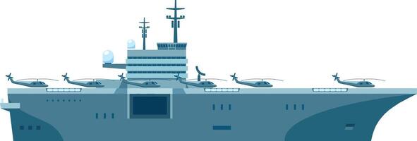 Illustration of a modern aircraft carrier with multiple helicopters landing on its deck. The design showcases naval aviation and military technology in a detailed style vector