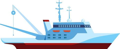 Illustration of a modern fishing vessel featuring advanced equipment, including radar and cranes. The design highlights the ship's functionality and sleek, streamlined structure vector