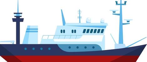Stylized illustration of a modern cargo ship with a blue and red color scheme. Features include antennas, radar equipment, and a sleek design, emphasizing maritime technology vector