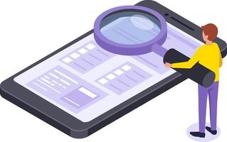 Isometric illustration representing a man holding a magnifying glass over a smartphone screen, searching or browsing information on mobile phone vector