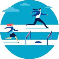 Businessman running on easy path while businesswoman facing hurdles and pitfalls representing gender gap and inequality in corporate business world vector