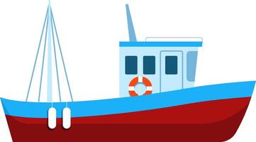 Small fishing boat sailing on the sea with lowered sails and fenders hanging on the side, equipped with a cabin, windows, an antenna, a lifebuoy, and a red and blue hull vector