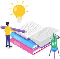 Young student writing in an open book with a large pencil, generating a bright idea illuminated by a light bulb, embodying the essence of education, learning, and creativity vector