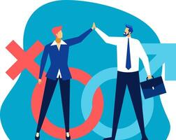 Business professionals high fiving to celebrate gender equality, symbolized by overlapping gender symbols. The image emphasizes collaboration and teamwork in a modern business environment vector